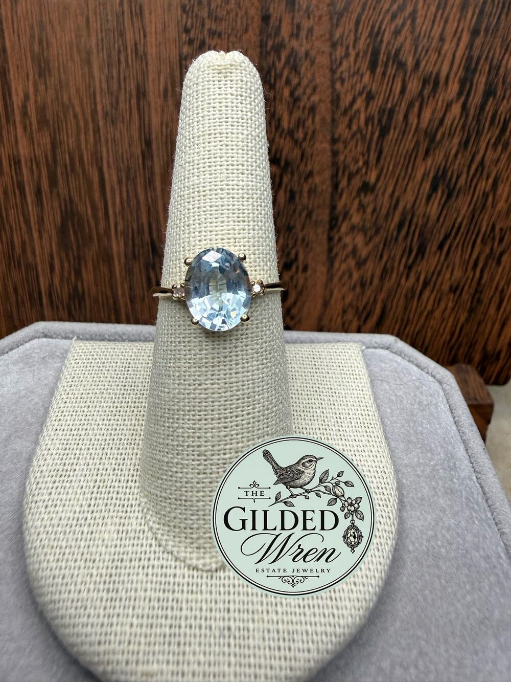 10K Gold Blue Topaz Diamond Ring Sz 8 Oval 10x8mm Vivid Blue Estate